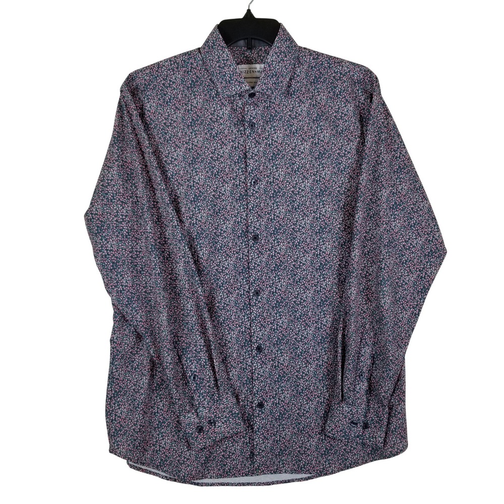 Mizzen+Main Leeward Shirt Mens XL Navy Red Floral Micro Dot Trim Fit Performance